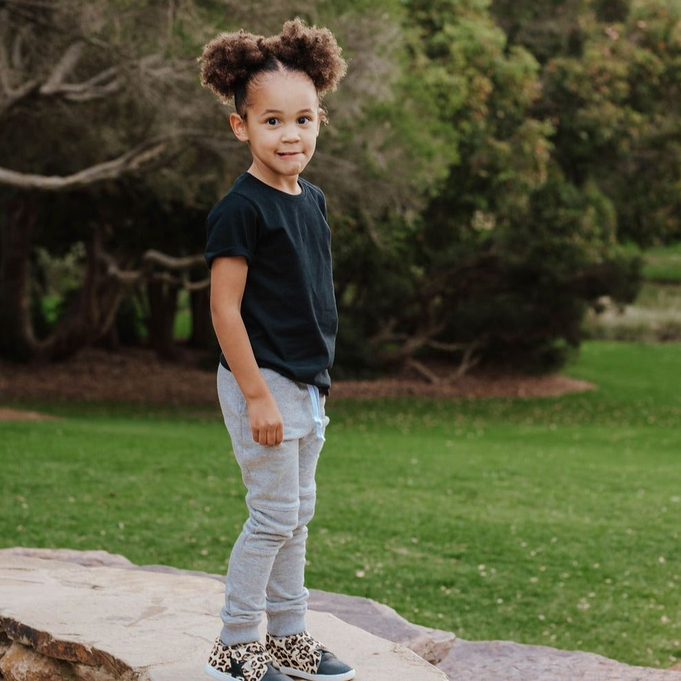 Grey Skinny & Slim trackies/ joggers for boys & girls. Made in Australia our pants are designed with a smaller waist without compromising on length. Best pants for skinny kids